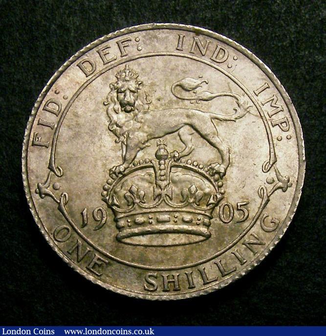 London Coins : A143 : Lot 2295 : Shilling 1905 ESC 1414 UNC or near so attractively toned with a small striking flaw on the lions tai...