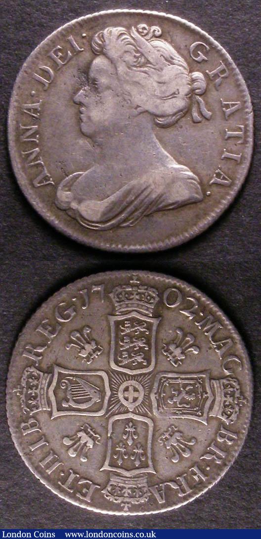London Coins : A143 : Lot 2301 : Shillings (2) 1702 Plumes ESC 1129 Fine, 1702 VIGO ESC 1130 VG/Near Fine