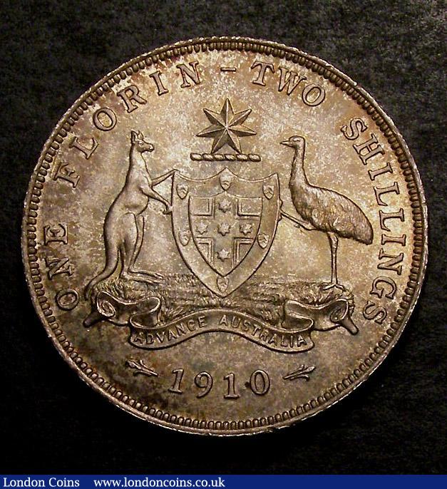 London Coins : A143 : Lot 824 : Australia Florin 1910 KM21 Edward VII one year type nice Unc with eye catching tone over original br...