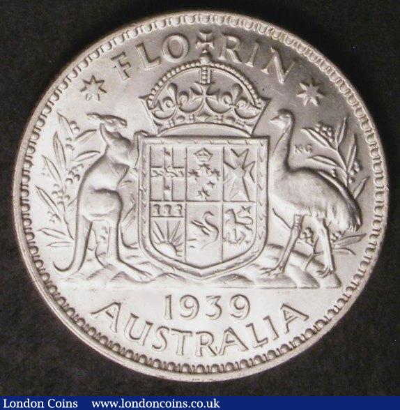 London Coins : A143 : Lot 847 : Australia Florin 1939 low mintage of 630,000 Unc or near so with some heavy bag marks obverse