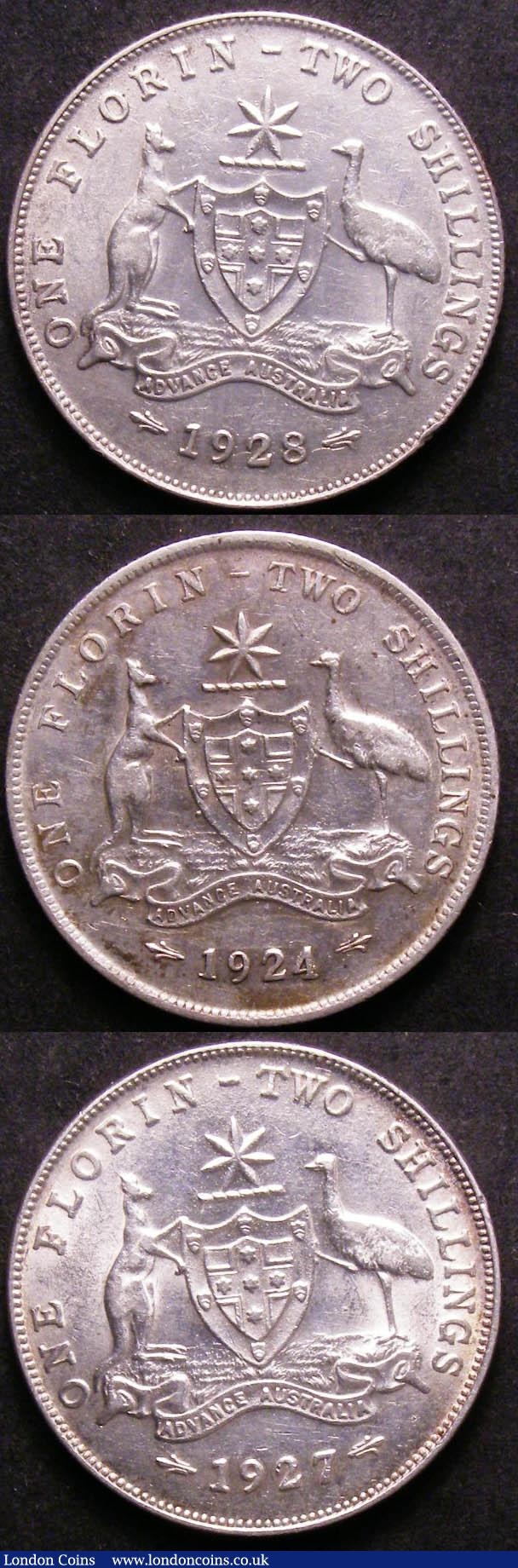 London Coins : A143 : Lot 849 : Australia Florins (3) 1924, 1927 and 1928 VF - EF all with 8 pearls showing