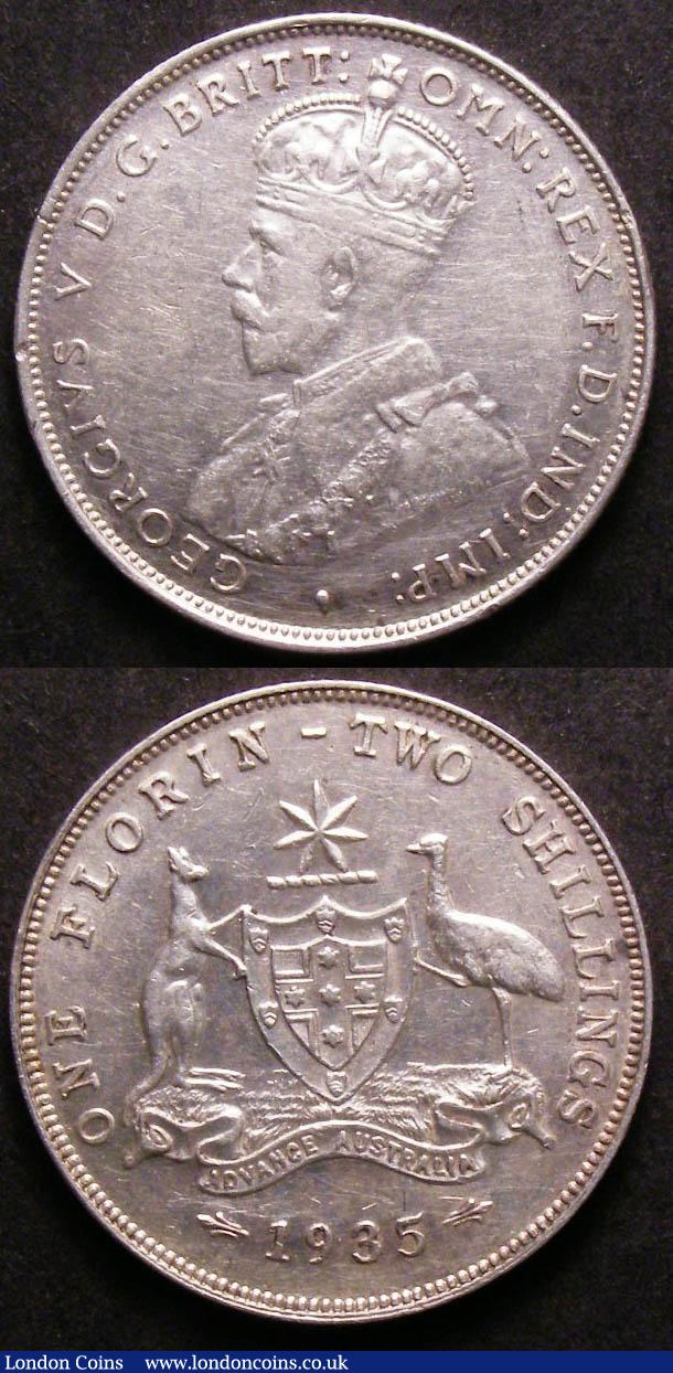 London Coins : A143 : Lot 851 : Australia Florins 1934 GVF (6 pearls show) and 1935 VF/GVF (8 pearls show)
