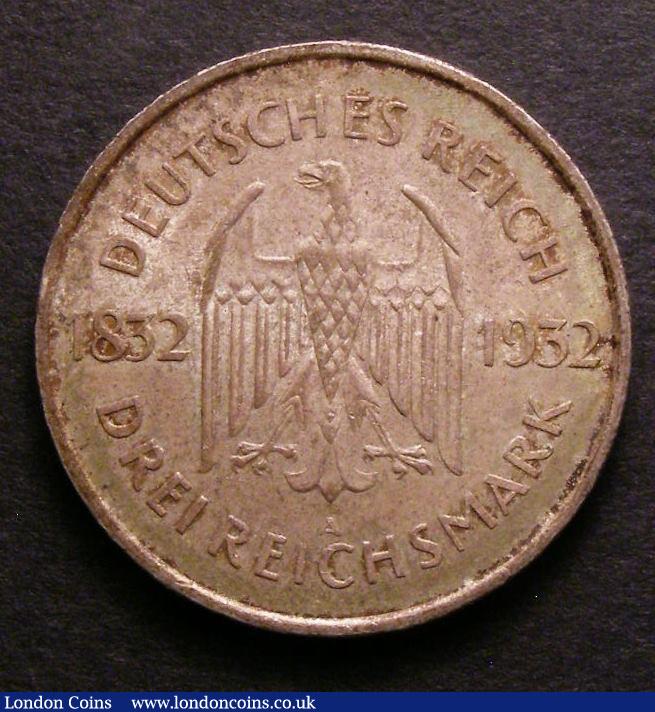 London Coins : A143 : Lot 949 : Germany - Weimar Republic 3 Reichsmarks 1932A Centenary of the death of Goethe KM#76 UNC and nicely ...