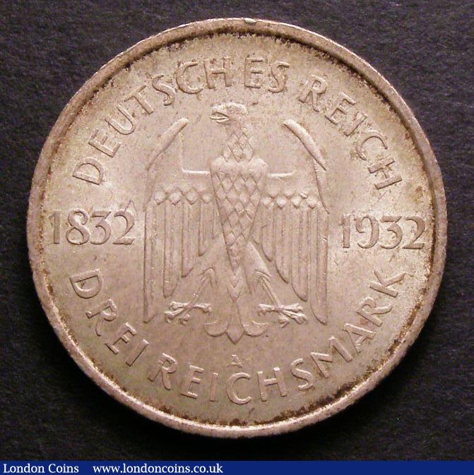 London Coins : A143 : Lot 950 : Germany - Weimar Republic 3 Reichsmarks 1932A Centenary of the death of Goethe KM#76 UNC and nicely ...
