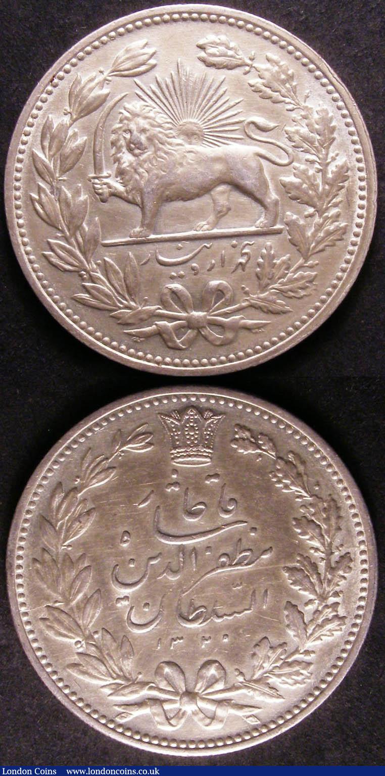 London Coins : A143 : Lot 975 : Iran (2) 5 Rials SH 1310 (1931) KM#1131GVF/NEF, and 5000 Dinars AH1320 (1902) KM#976 EF