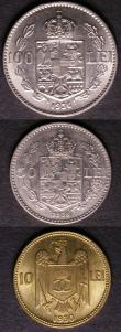 London Coins : A143 : Lot 1043 : Romania (3) 100 Lei 1936 KM#54 A/UNC, 50 Lei 1935 KM#55 VF, 10 Lei 1930 KM#49 Lustrous UNC with a fe...