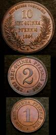 London Coins : A143 : Lot 928 : German New Guinea (3) 10 Pfennig 1894A Proof KM#3, 2 Pfennig 1894A Proof KM#2 1 Pfennig 1894A Proof ...