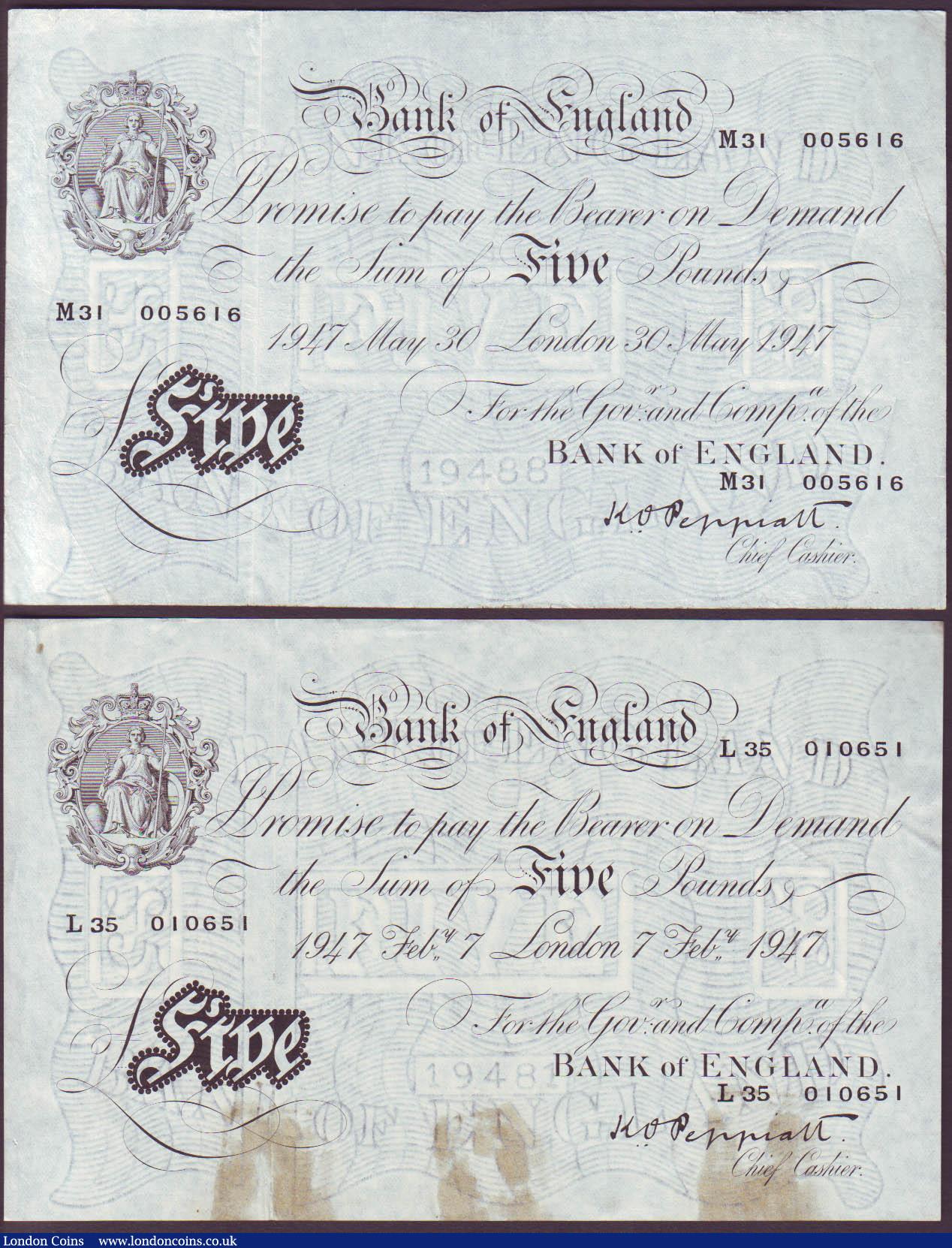 London Coins : A144 : Lot 106 : Bank of England white &pound;5 (4) Peppiatt B255 series J99 dated 1945, Fine with clipped right edge...