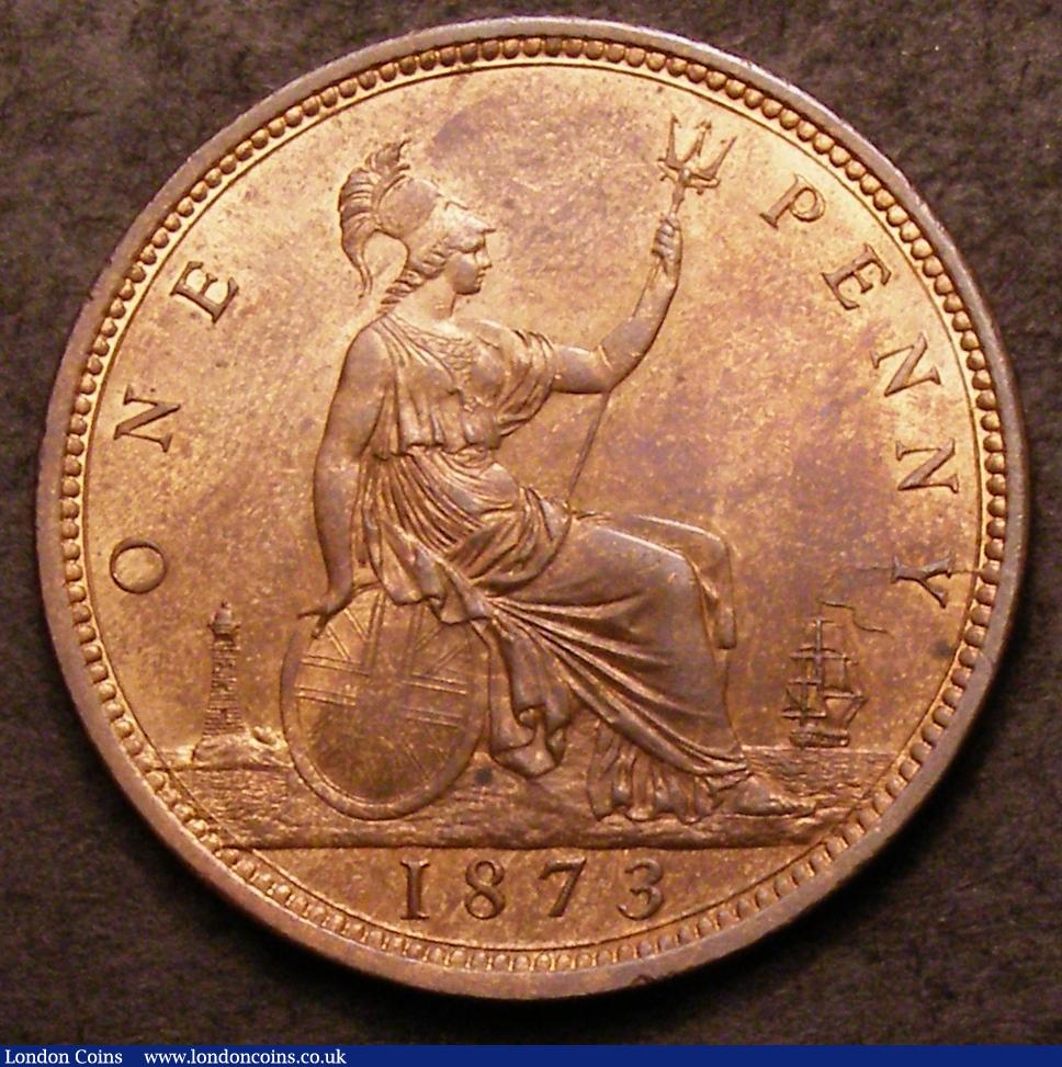 London Coins : A144 : Lot 1854 : Penny 1873 Freeman 64 dies 6+G UNC with traces of lustre and a small spot to the right of the shield