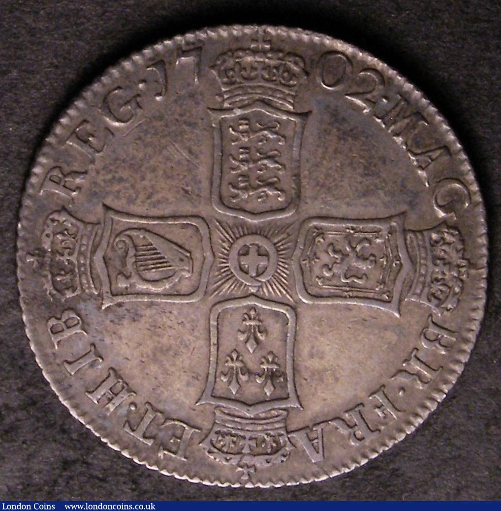 London Coins : A144 : Lot 1901 : Shilling 1702 First Bust plain in angles ESC 1128 About VF/VF with pleasing tone
