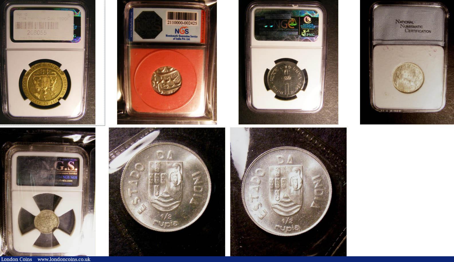 London Coins : A144 : Lot 805 : India and related (7) East India Company 1/48th Rupee 1794 Proof in Gilt Copper KM#394b NGC Proof De...