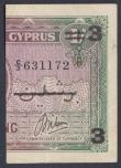 London Coins : A144 : Lot 237 : Cyprus 3 piastres Provisional issue dated 1st March 1943, series C/3 631172, Pick27 (overprint on a ...