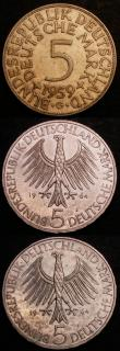 London Coins : A144 : Lot 599 : Germany Federal Republic 5 Marks (3) 1959G KM#112.1 VF/GVF, 1964 150th Anniversary of the Death of J...