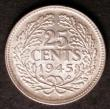 London Coins : A144 : Lot 652 : Netherlands 25 Cents 1945P Acorn Privy Mark KM#164 GEF with some light scratches and Rare, despite t...