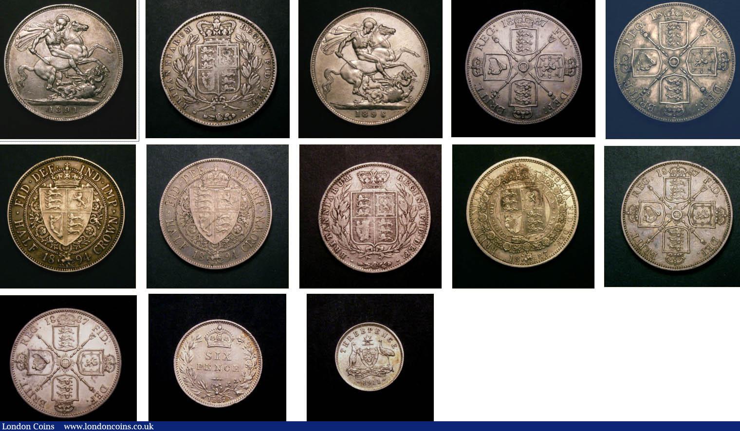 London Coins : A145 : Lot 2520 : Crowns (3) 1845 VG, 1891 VF, 1896LX GF, Double Florins (2) 1887 Roman 1 VF, 1889 NEF, Halfcrowns (4)...