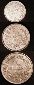 London Coins : A145 : Lot 695 : Netherlands (2) 25 Cents 1897 KM#115 GEF, 10 Cents 1903 KM#135 UNC, Denmark 16 Skilling Rigsmont 185...