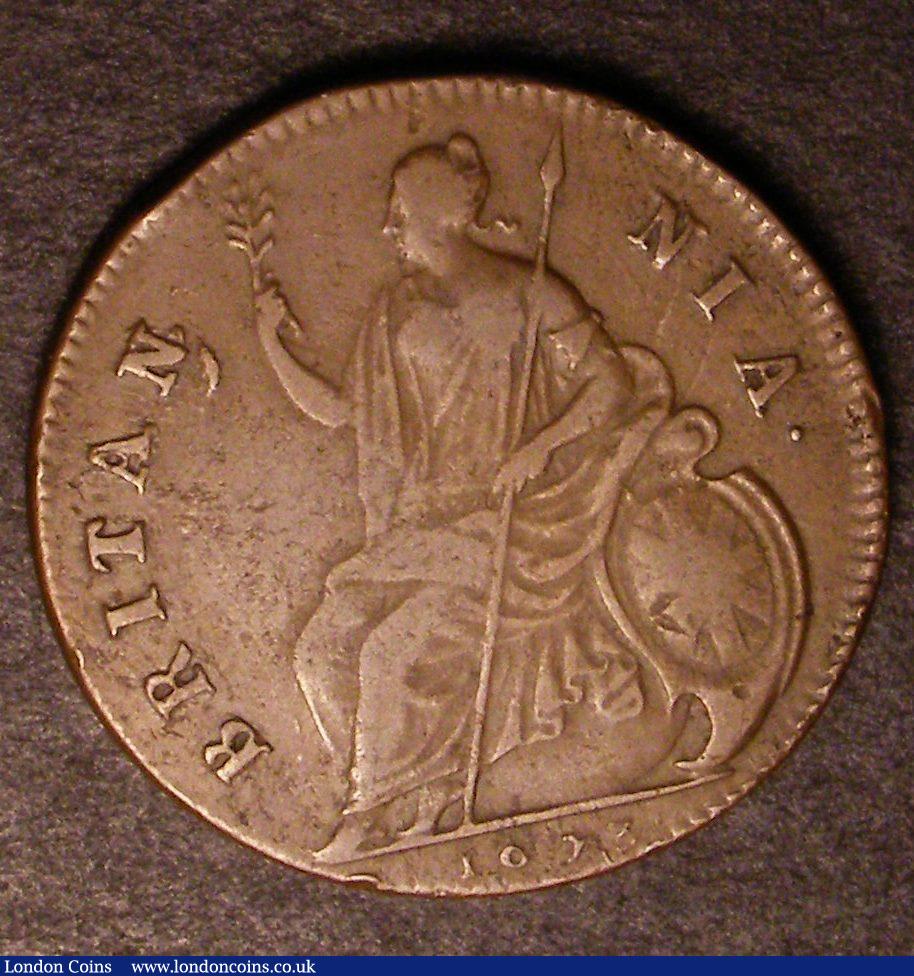London Coins : A146 : Lot 2308 : Halfpenny 1673 B over C in BRITANNIA, struck from the same reverse die as the example in the Nichols...