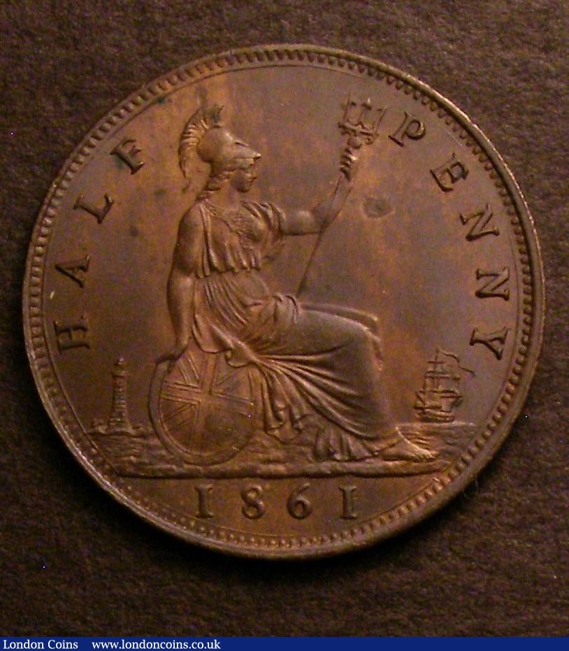 London Coins : A146 : Lot 2576 : Halfpenny 1861 Freeman 279 dies 7+F UNC and nicely toned with a few small spots, Ex-M.Peake &pound;1...