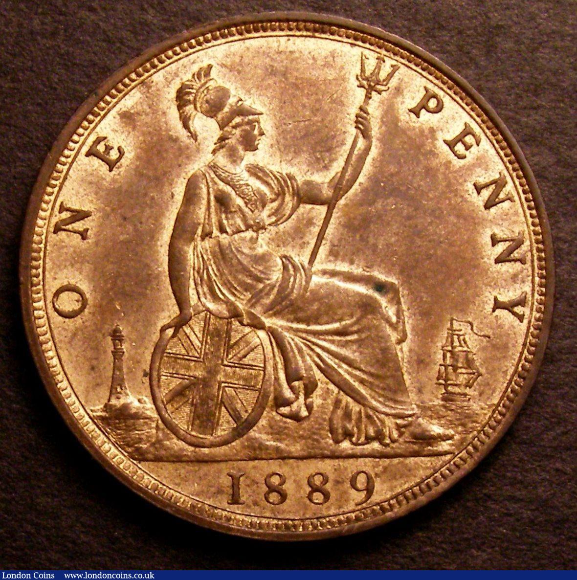 London Coins : A146 : Lot 2730 : Penny 1889 14 Leaves Freeman 128 dies 13+N UNC with around 30% lustre, Ex-D.Craddock &pound;10.80