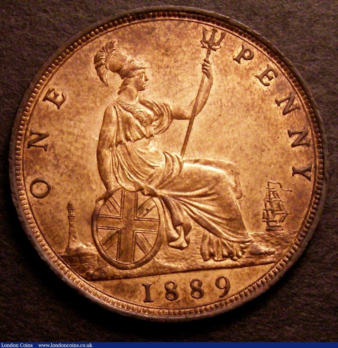 London Coins : A146 : Lot 2731 : Penny 1889 15 Leaves Freeman 127 dies 12+N UNC with around 65% lustre, Ex-Stanley Gibbons &pound;16