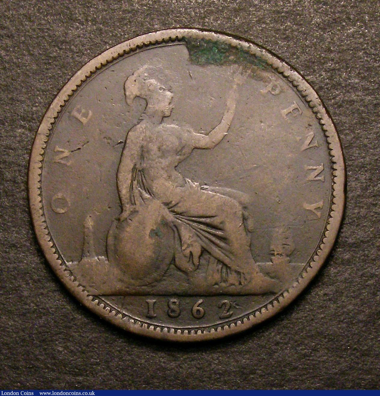 London Coins : A146 : Lot 3306 : Penny 1862 Small Date from Halfpenny die Freeman 41 dies 6+G VG with some verdigris at the top of th...