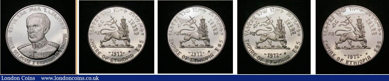 London Coins : A146 : Lot 923 : Ethiopia (5) 10 Dollars 1972 Haile Selassie Silver Proof, 5 Dollars (4) 1972 Theodros II Silver Proo...