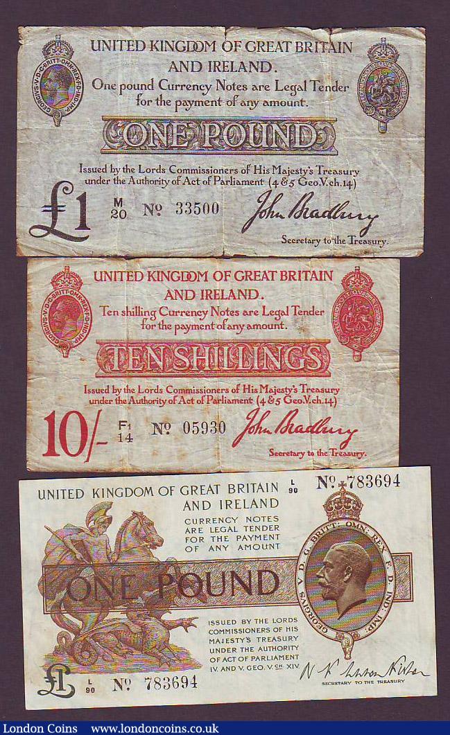 London Coins : A147 : Lot 12 : Ten shillings Bradbury T12.2 series F1/14 edge damage Fine and &pound;1 Bradbury T11.1 series M/20 e...
