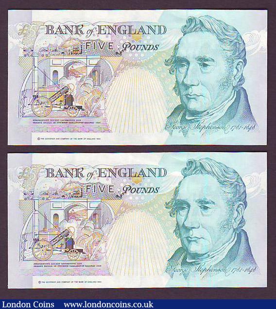 London Coins : A147 : Lot 155 : ERROR &pound;5 Kentfield B362 (2) issued 1991 a consecutive pair series R45 568288 and R45 568289, t...