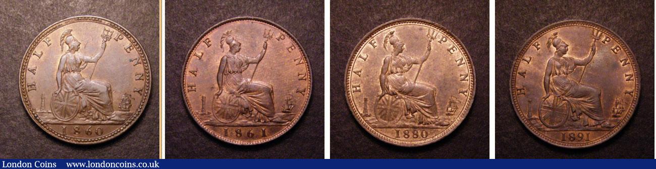 London Coins : A147 : Lot 1622 : Halfpennies (4) 1860 Beaded Border Freeman 258 EF, 1861 Freeman 278 Ex-LCA A124 Lot 550 Ex-Roland Ha...