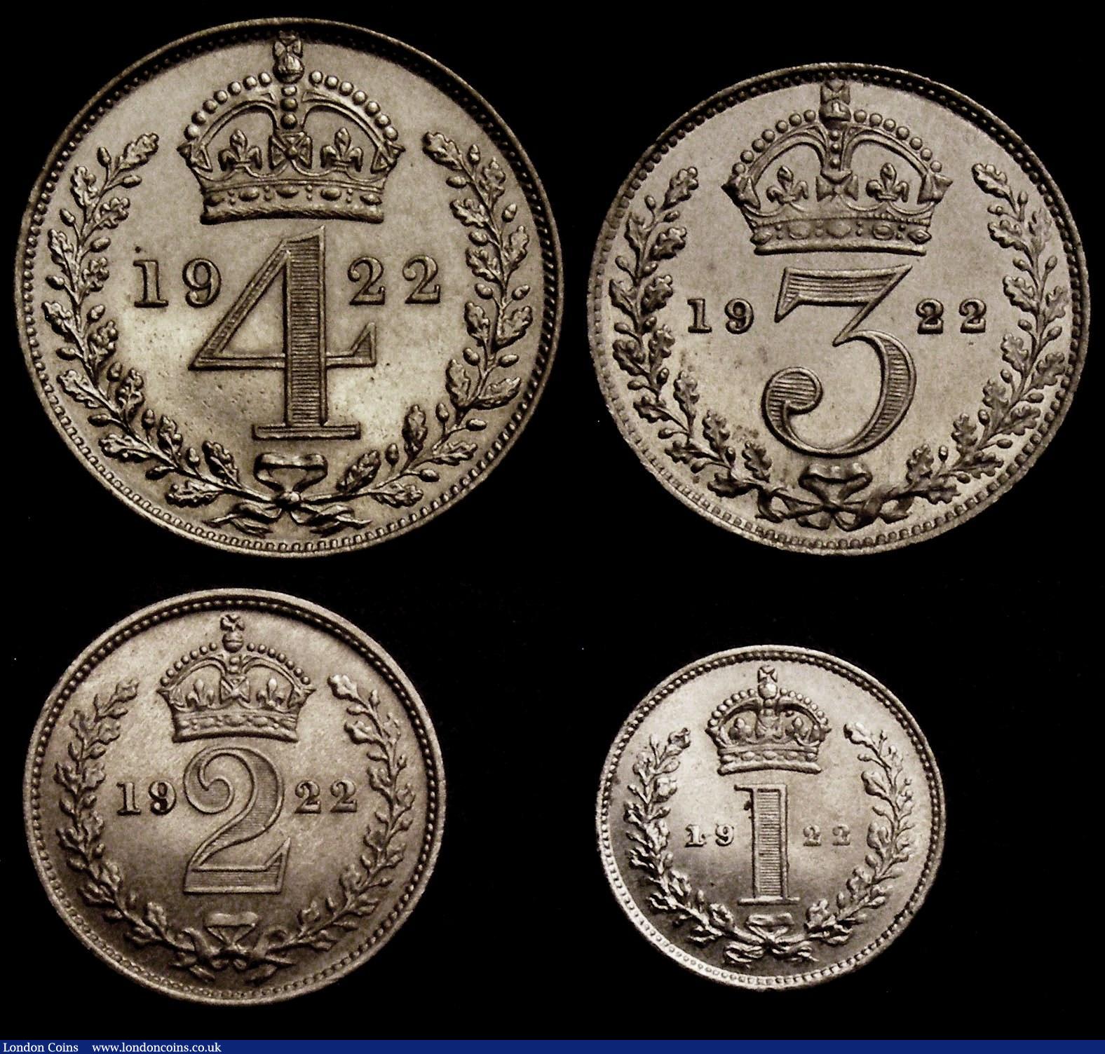 London Coins : A147 : Lot 2778 : Maundy Set 1922 ESC 2539 EF to A/UNC the Fourpence with some contact marks on the reverse, Penny wit...