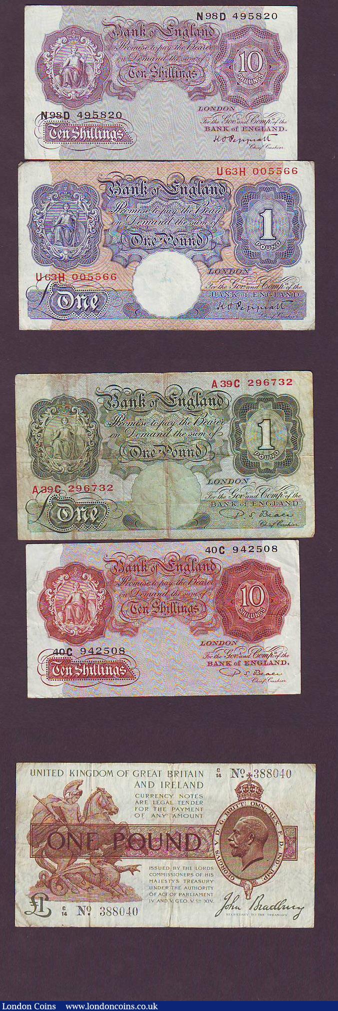 London Coins : A147 : Lot 30 : Bank of England in small folder (11) includes Beale white &pound;5 dated 1950, Bradbury &pound;1 Tre...