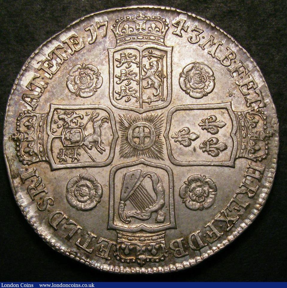 London Coins : A148 : Lot 1683 : Crown 1743 Roses ESC 124 A/UNC and lustrous with an attractive gold tone, slabbed and graded CGS 70,...