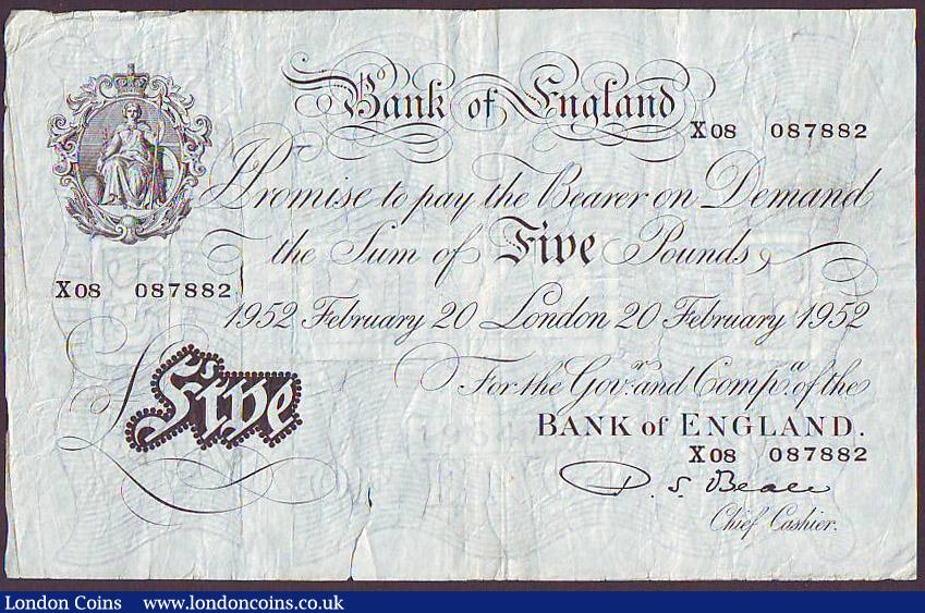 London Coins : A148 : Lot 49 : Bank of England and Treasury (9) includes Beale white &pound;5 1952 large tear Fine, Warren Fisher 1...