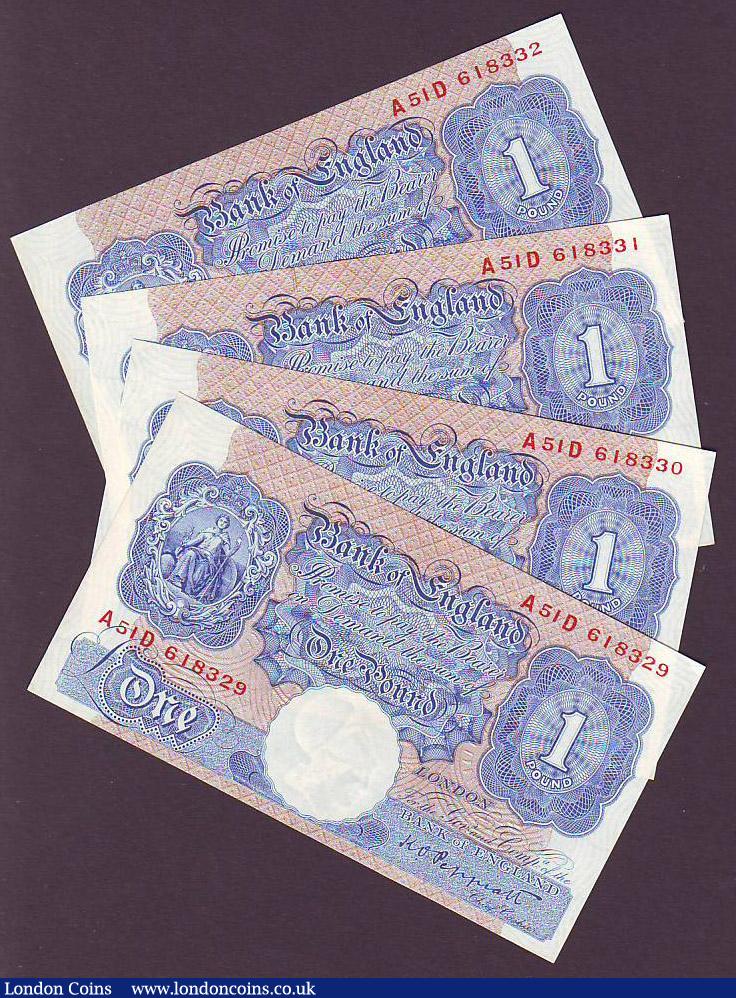 London Coins : A148 : Lot 61 : Ten shillings Peppiatt mauve B251 (3) series S62D, S70D & S74D VF to EF and blue &pound;1 B249 (...