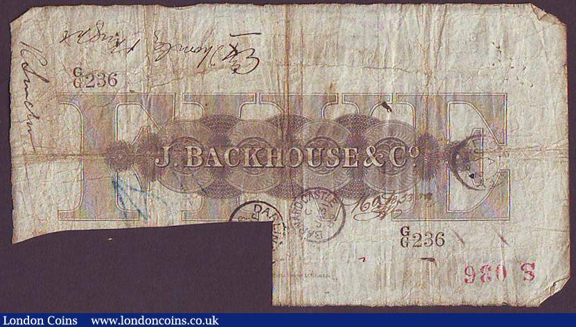 London Coins : A148 : Lot 84 : Darlington Bank &pound;5 dated 1895 for Jonathan Backhouse & Comp., signatures cut cancelled, Fa...