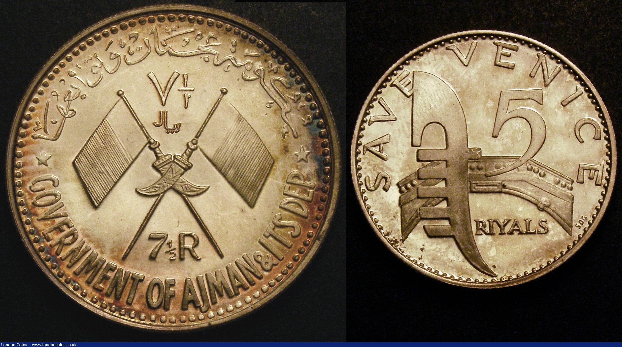 London Coins : A148 : Lot 901 : United Arab Emirates - Ajman 7 1/2 Riyals 1970 Death of Gamal Abdel Nassar Silver Proof KM#13 toned ...