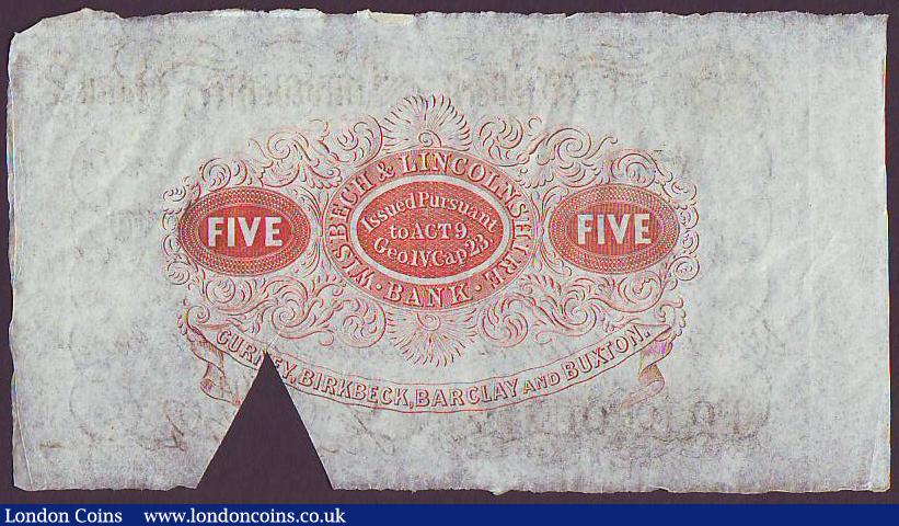 London Coins : A149 : Lot 243 : Wisbech & Lincolnshire Bank &pound;5 dated 1894 series No.X7704 for Gurney, Birkbeck, Barclay &a...