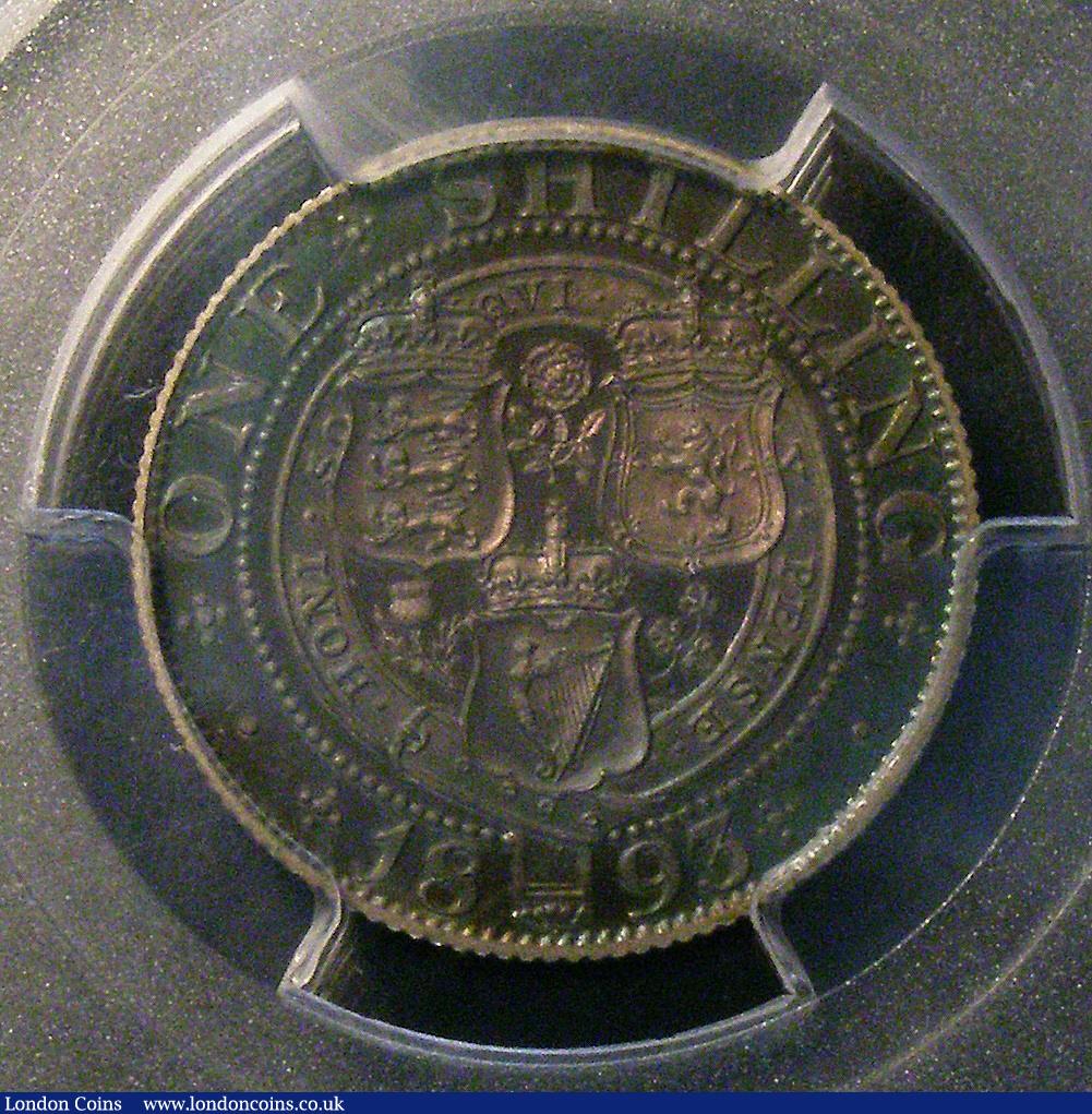 London Coins : A149 : Lot 2563 : Shilling 1893 Proof (issued in sets) ESC1362, slabbed and graded PCGS PR65, toned.
