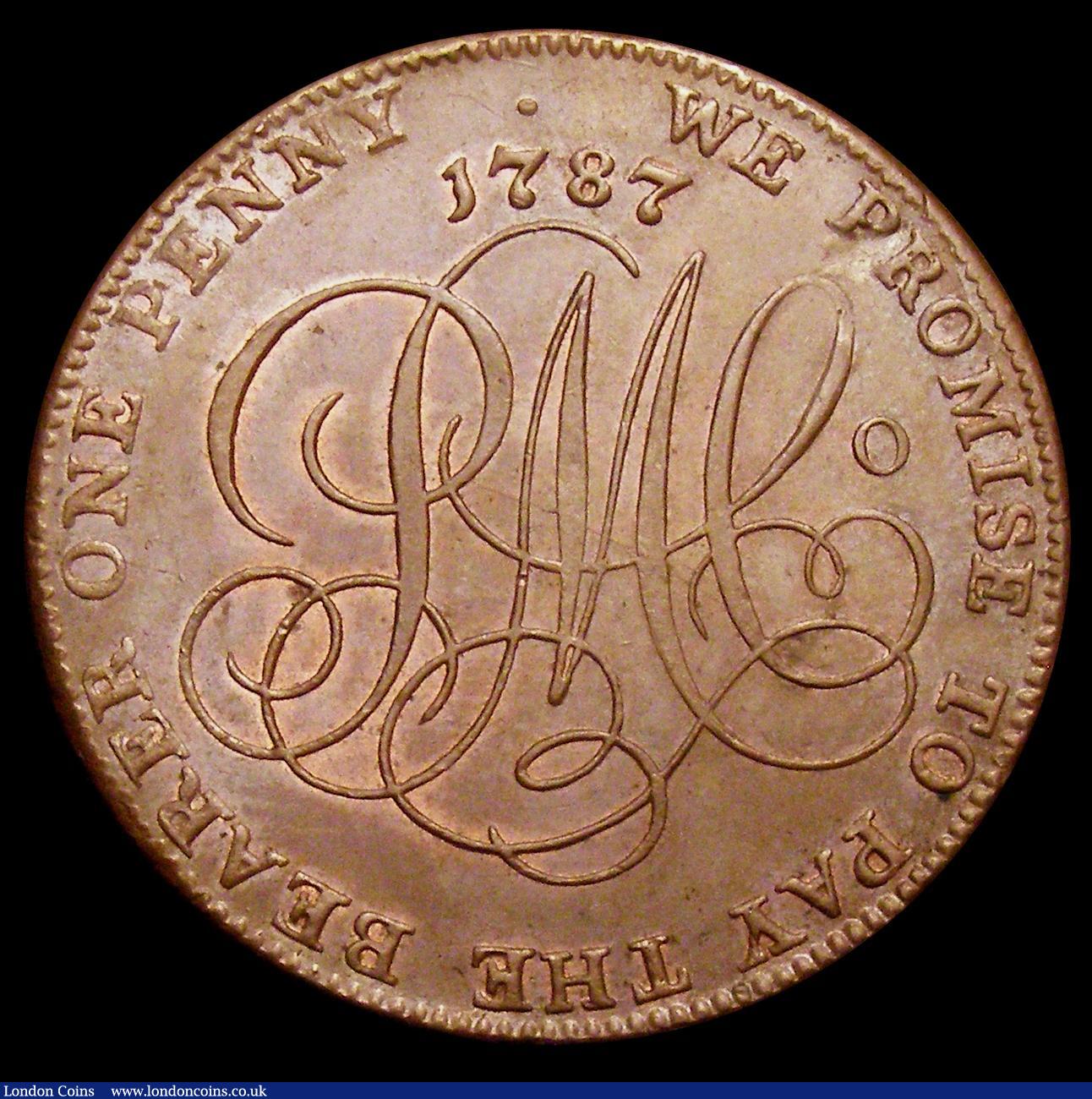 London Coins : A149 : Lot 833 : Penny Anglesey 1787 DH27 UNC or very near so, attractively toned with traces of lustre, seldom seen ...