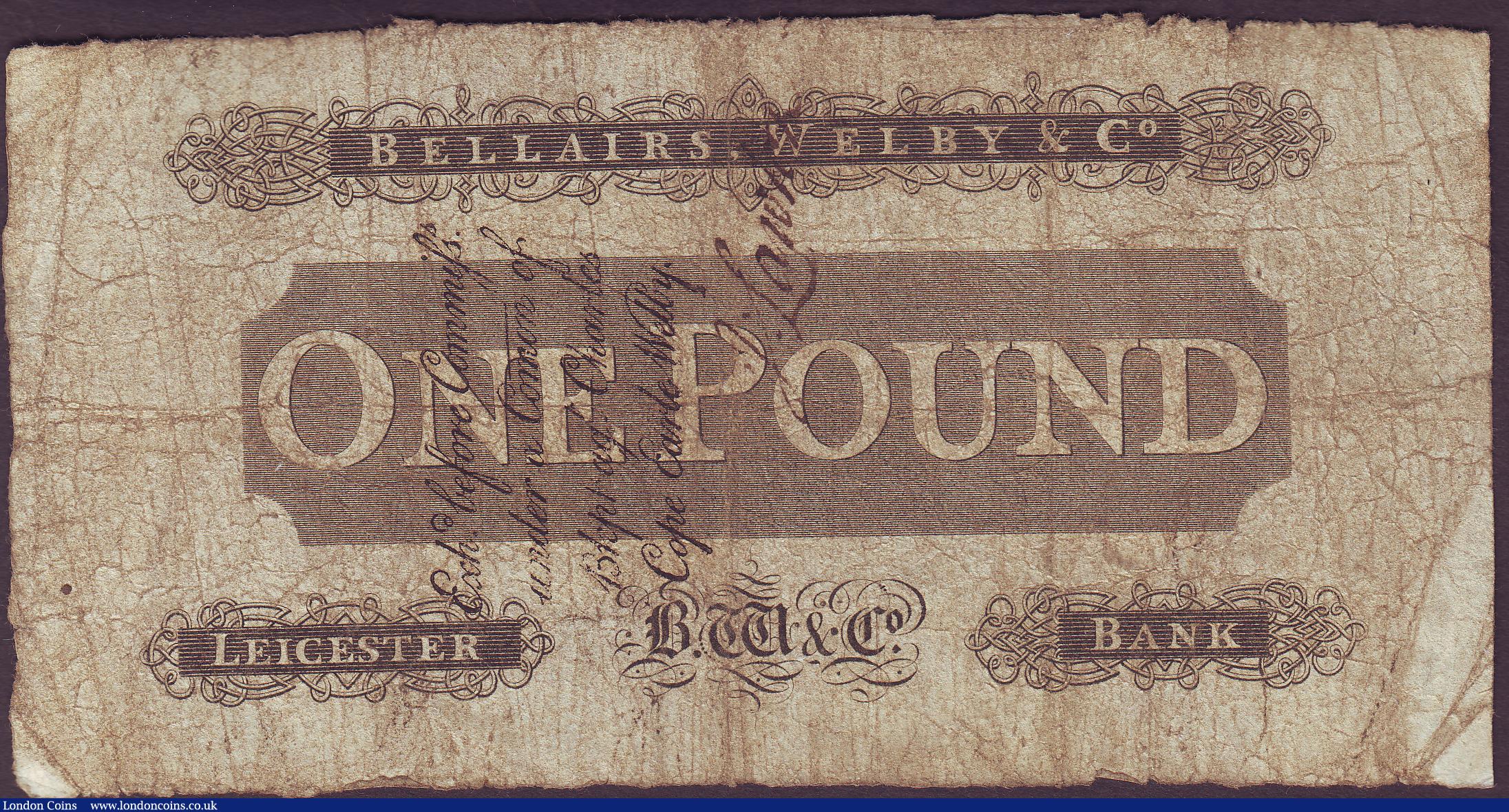 London Coins : A150 : Lot 136 : Leicester Bank &pound;1 dated 1812 series No.4654 for Bellairs Welby & Co., (Outing 1166a--later...