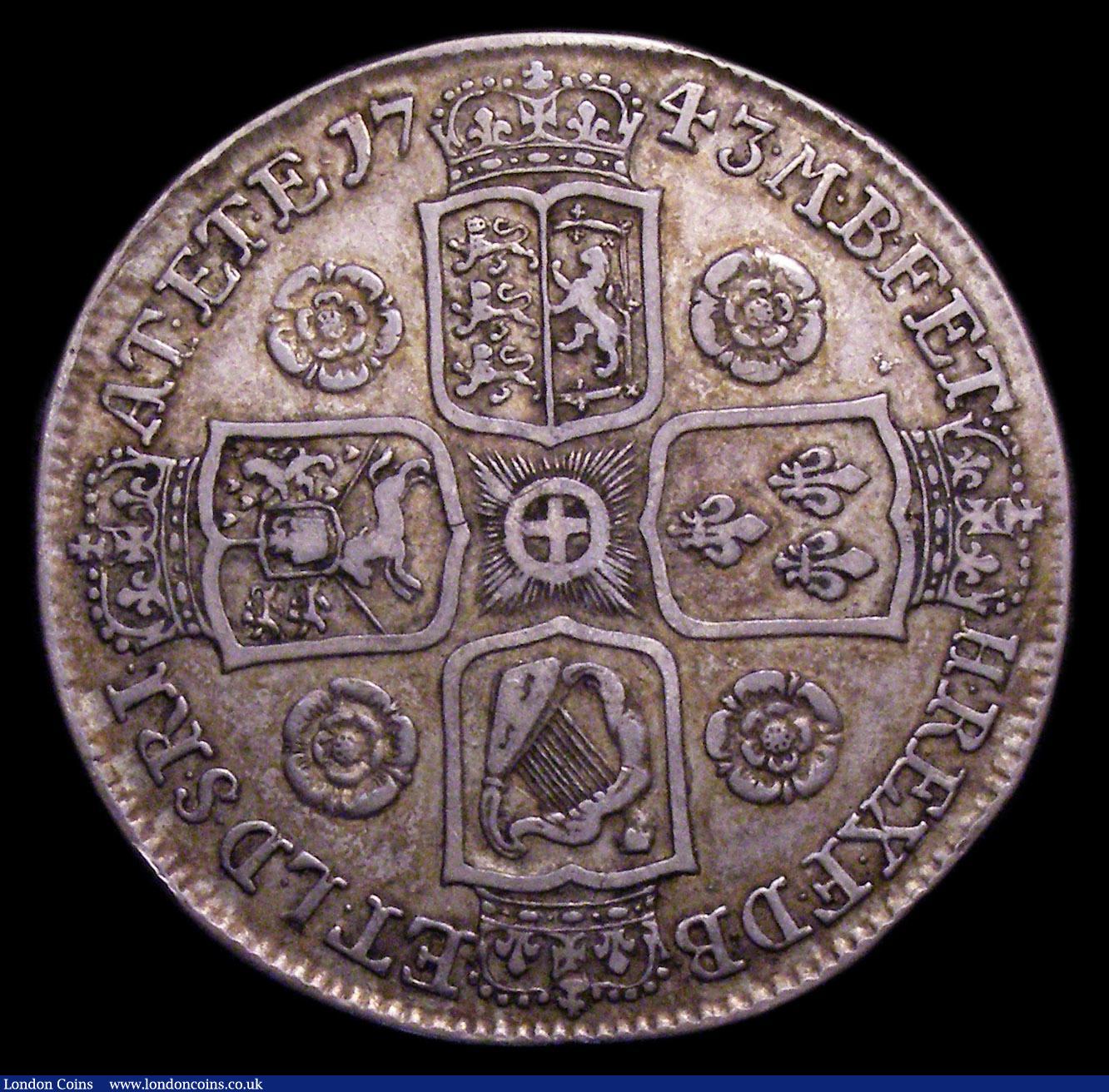 London Coins : A150 : Lot 1879 : Crown 1743 Roses ESC 124 Good Fine, comes with old collector's ticket from 1969