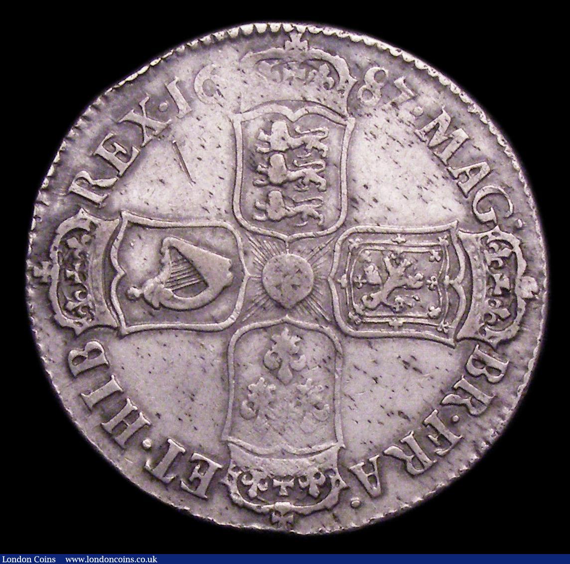 London Coins : A150 : Lot 2279 : Halfcrown 1687 ESC 498 Fine/Good Fine with light haymarking and a small scratch in the first angle