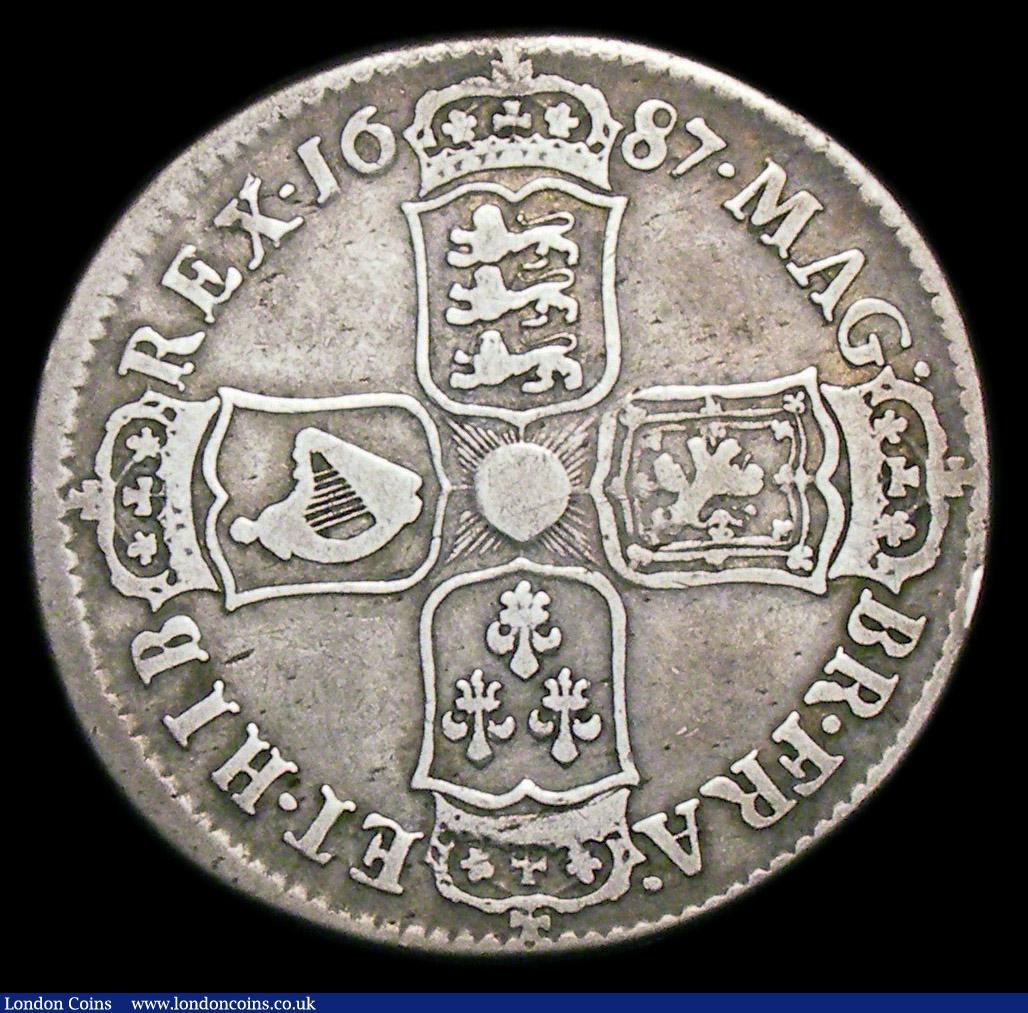 London Coins : A150 : Lot 2281 : Halfcrown 1687 TERTIO ESC 498 VG with all details clear