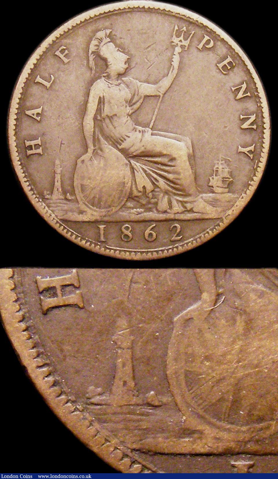 London Coins : A150 : Lot 2482 : Halfpenny 1862 Die Letter A to right of lighthouse about fine, excessively rare , unlisted by Freema...