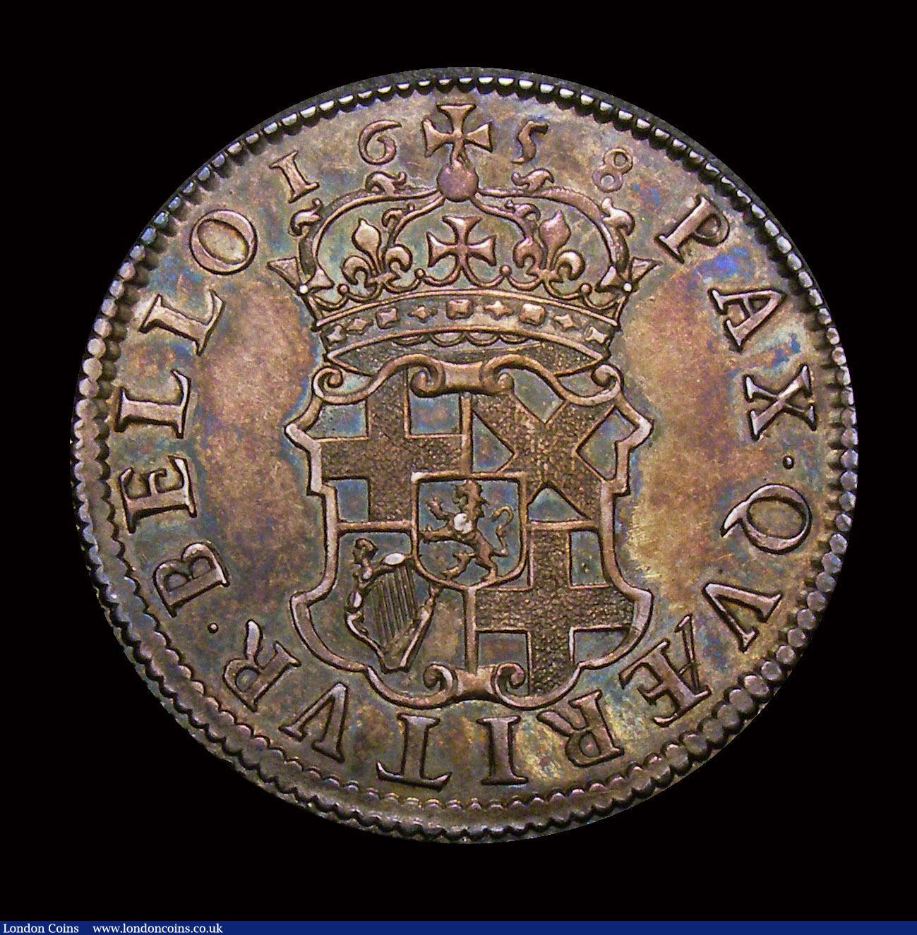London Coins : A150 : Lot 2638 : Shilling 1658 Cromwell ESC 1005 Obverse EF or near so, reverse EF with some light scuffing near to t...