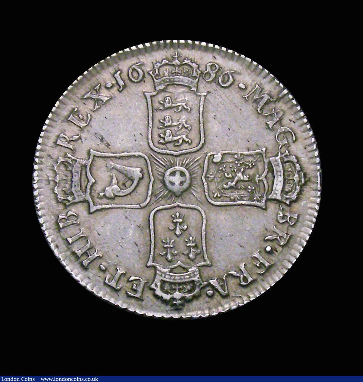 London Coins : A150 : Lot 2647 : Shilling 1686 ESC 1070 NEF with some light haymarks and adjustment lines