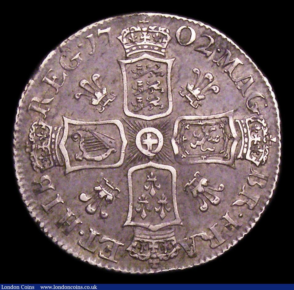 London Coins : A150 : Lot 2651 : Shilling 1702 Plumes reverse Esc 1129 scarce VF even grey tone small metal fault at rim 7 o clock