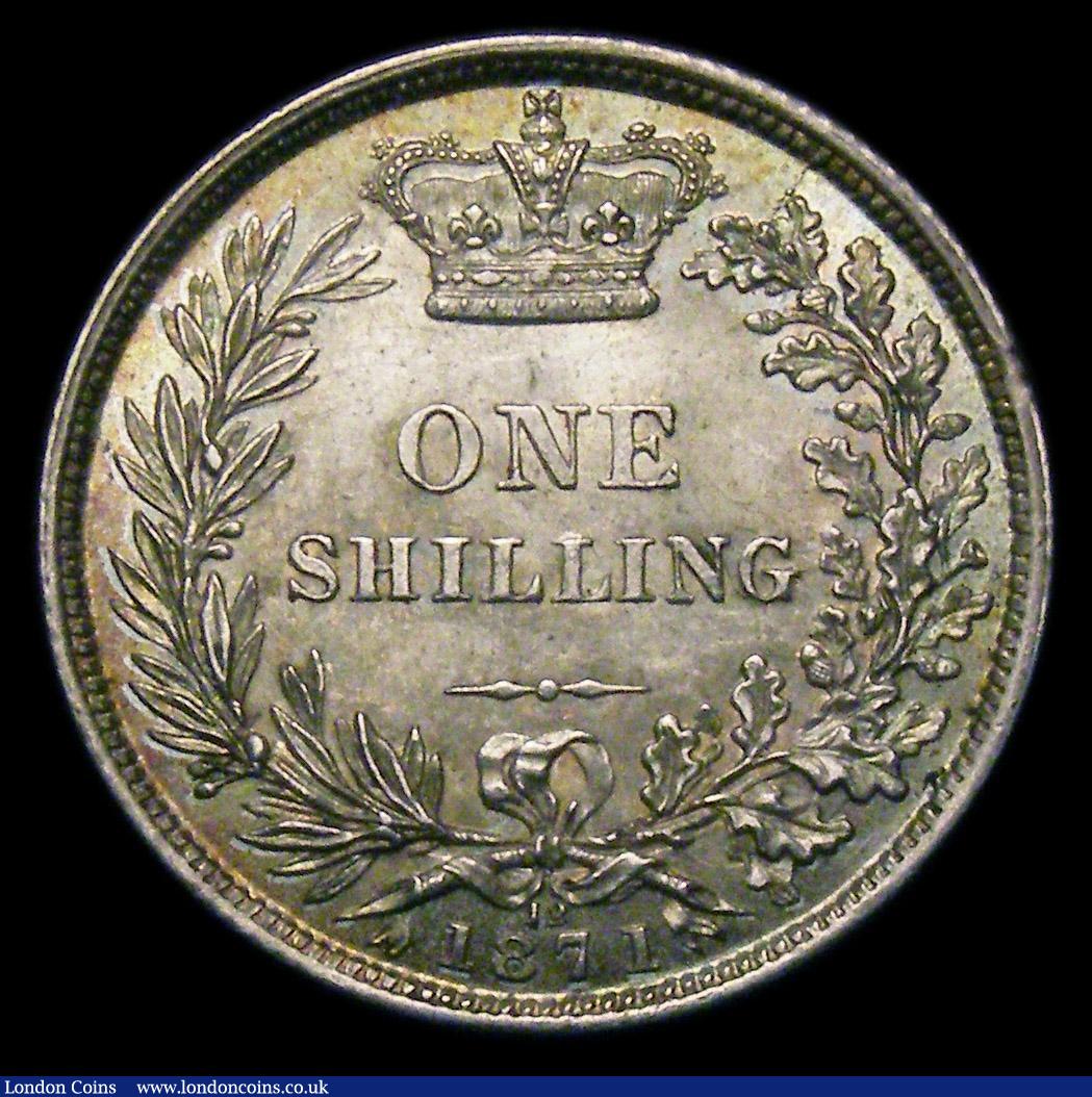 London Coins : A150 : Lot 2724 : Shilling 1871 ESC 1321 Die Number 12 UNC or near so and lustrous the reverse with a pleasant and col...