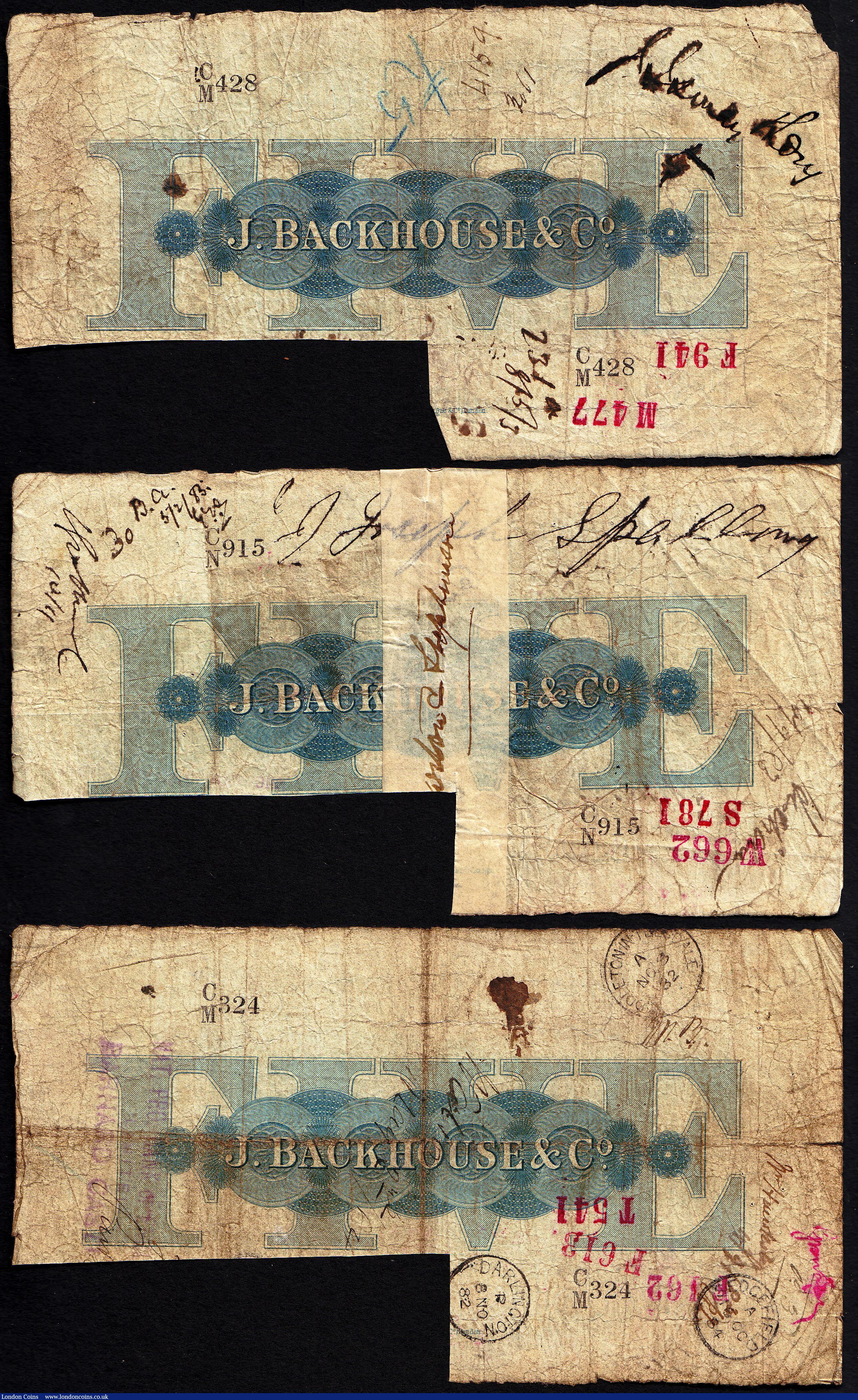 London Coins : A150 : Lot 80 : Durham Bank &pound;5 (3) dated 1882 for J.Backhouse, Grant 1071, signature cut-cancelled, inked name...