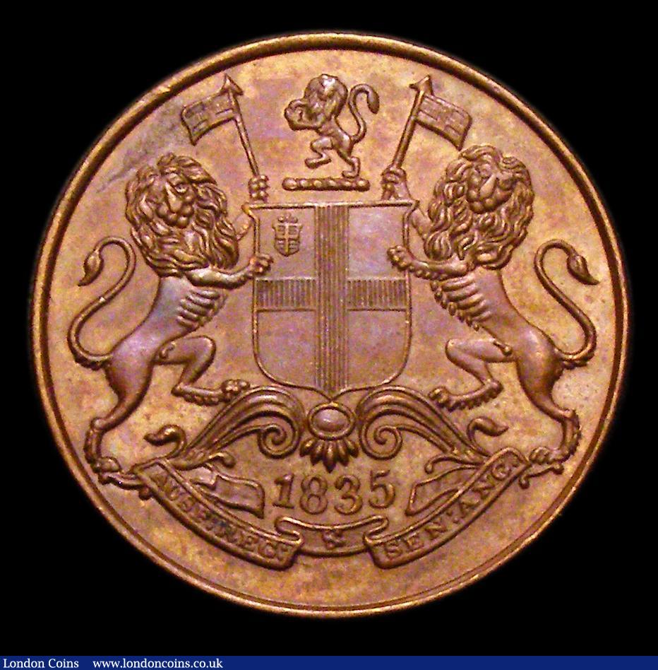 London Coins : A151 : Lot 1043 : India, East India Company Quarter Anna 1835 KM#446.1 A/UNC toned, fields prooflike